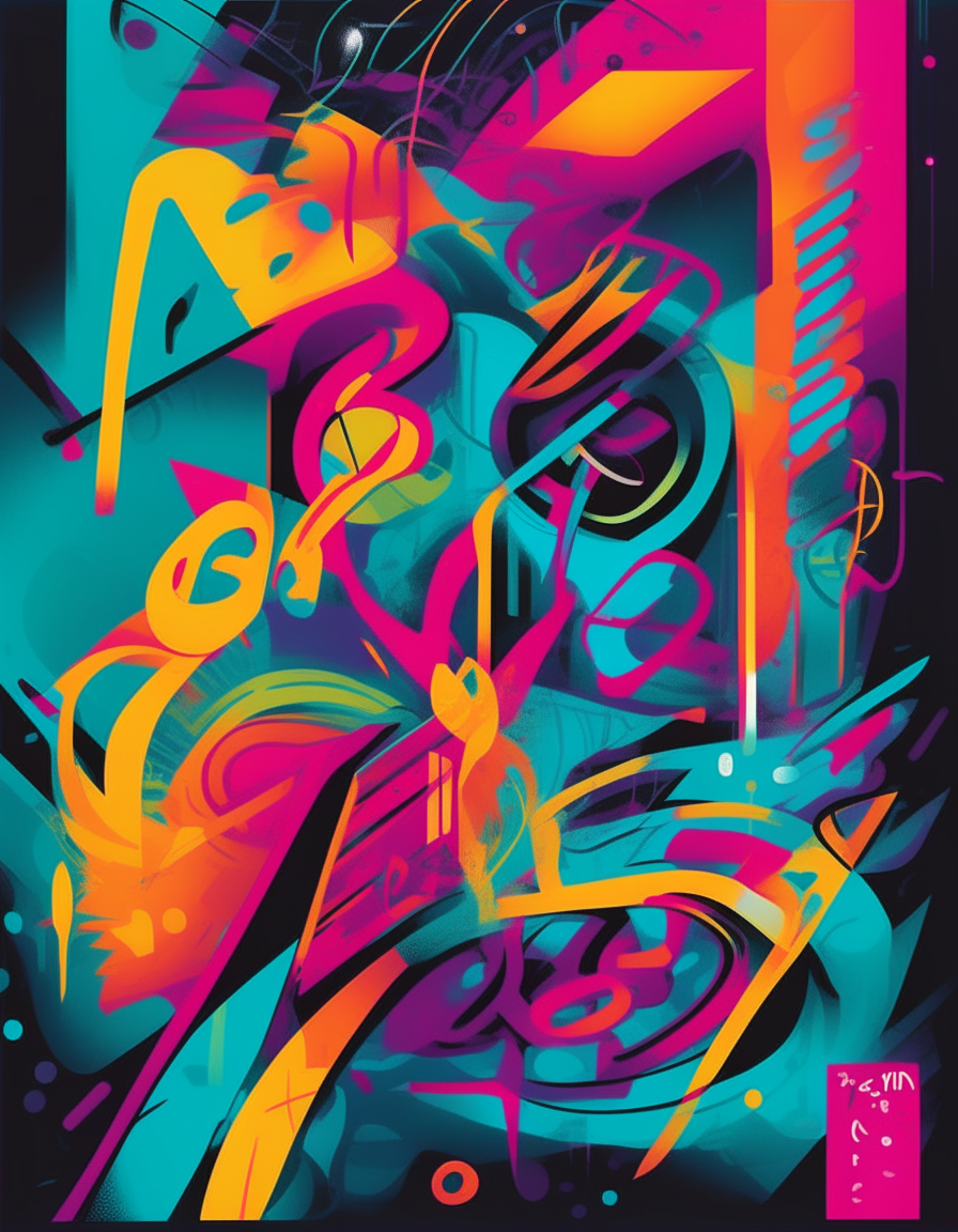 A 1990s style poster with abstract shapes, graffiti art, and bright neon colors