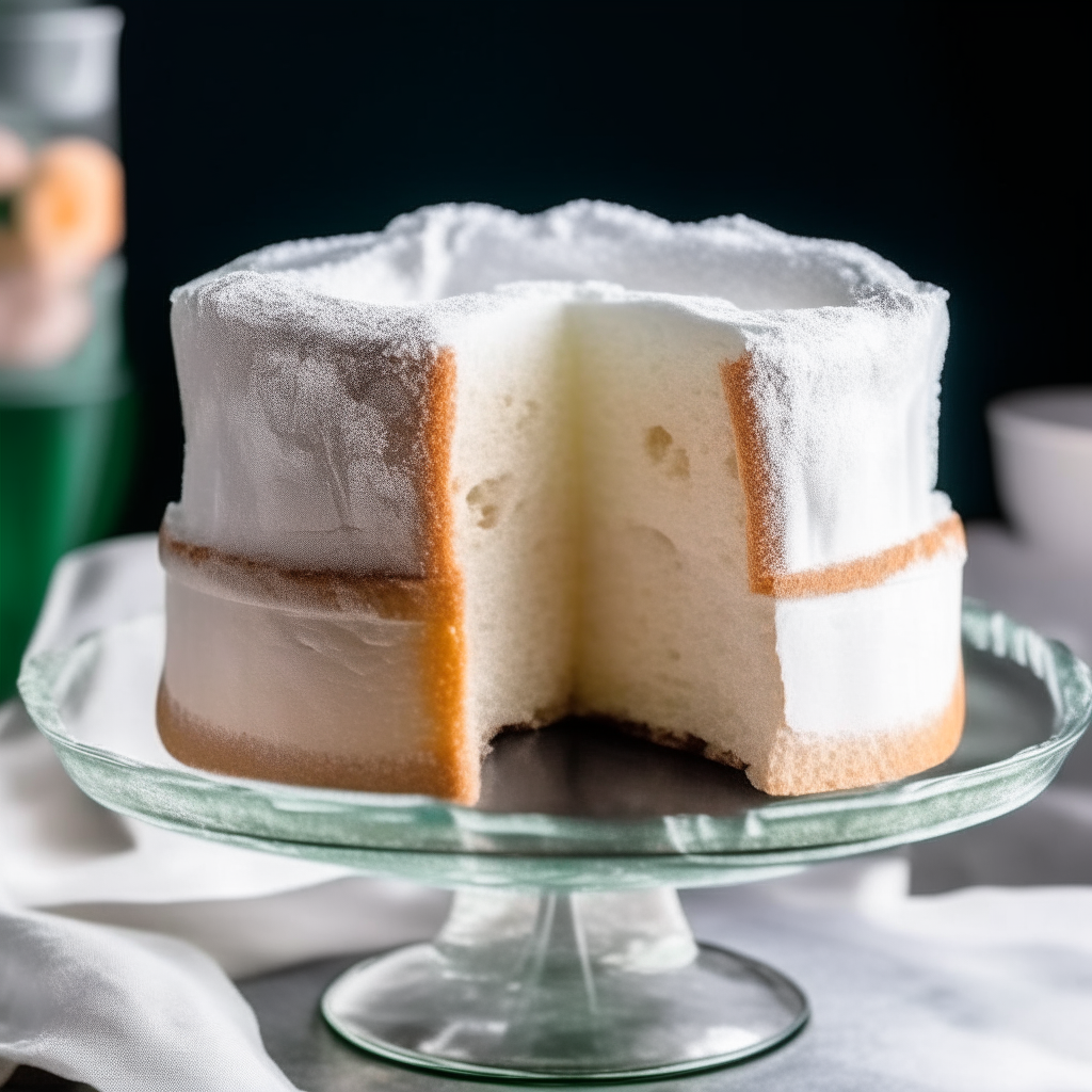 A slice of fluffy white angel food cake with powdered sugar on top, on a glass cake stand