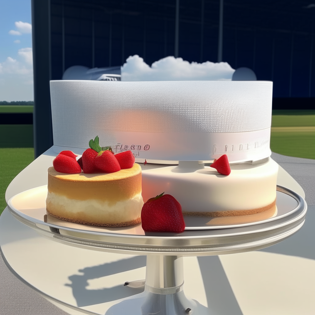 Heavenly Halos Angel Food Cake with strawberries on a cake stand, on an airport runway with a plane flying overhead