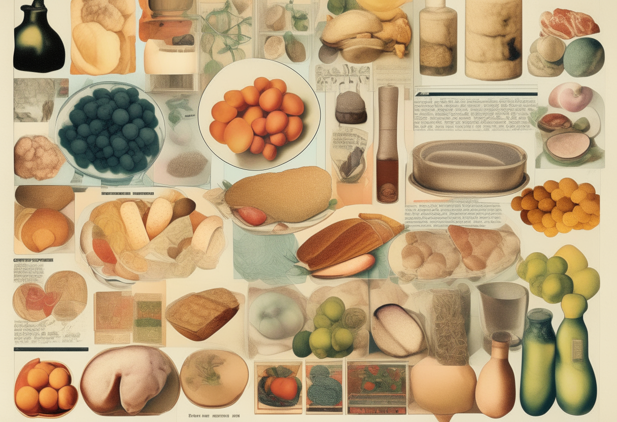 A collage of food images representing each decade of the 20th century. Ingredients and dishes styled in the fashion of each era, divided into sections labeled 1900s, 1910s, 1920s etc. Vintage aesthetic with faded colors. 8.5 x 11 inch poster.