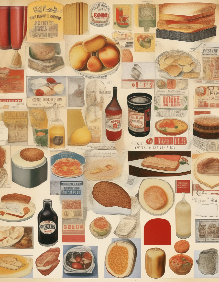 A collage of iconic food and recipe images from the 1910s, 1920s, 1930s, 1940s, 1950s, 1960s, 1970s, 1980s and 1990s on a poster