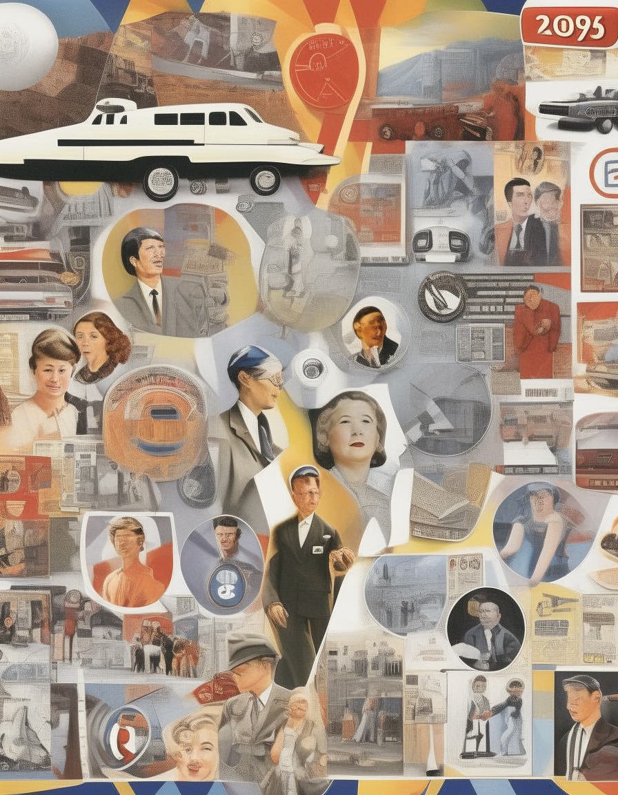 A collage poster with images representing different decades of the 20th century, including technology, transportation, architecture, entertainment, sports, news events, fashion, and food