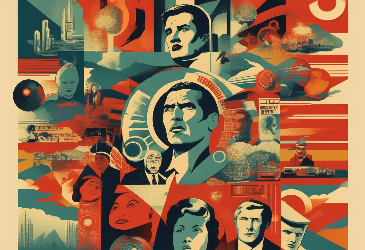 a bold graphic poster representing major events, people and themes of the 20th century in a retro propaganda style