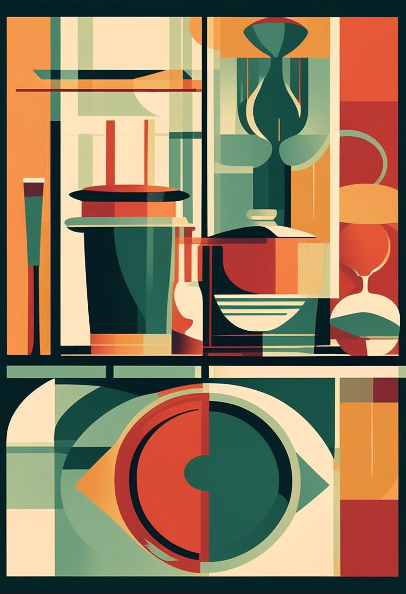 an art deco style poster with bold shapes and colors representing a modern kitchen 8.5 x 11 inches 300 dpi