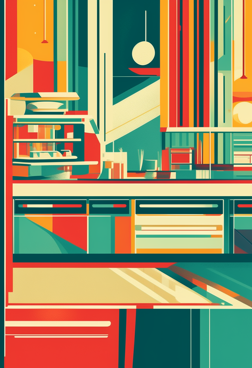 an art deco style poster with bold diagonal lines and bright colors representing a retro diner kitchen 8.5 x 11 inches 300 dpi