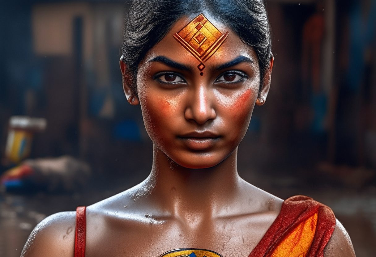 Supergirl from Bangladesh, extremely gorgeous, fantasy, feminine, fierce, full highly muscular extremely wet body, highly sweating wet skin, highly sweating face, Traditional costume, black eyeshadow spread around the eyes, shiny oiled skin, freckles, Human-skin, ultra realistic, 4k HDR, award winning photography, extremely detailed, extremely realistic skin, extremely realistic texture, Photo-realistic, cinematic, real life-like, HD-smooth Upscaled, Dynamic