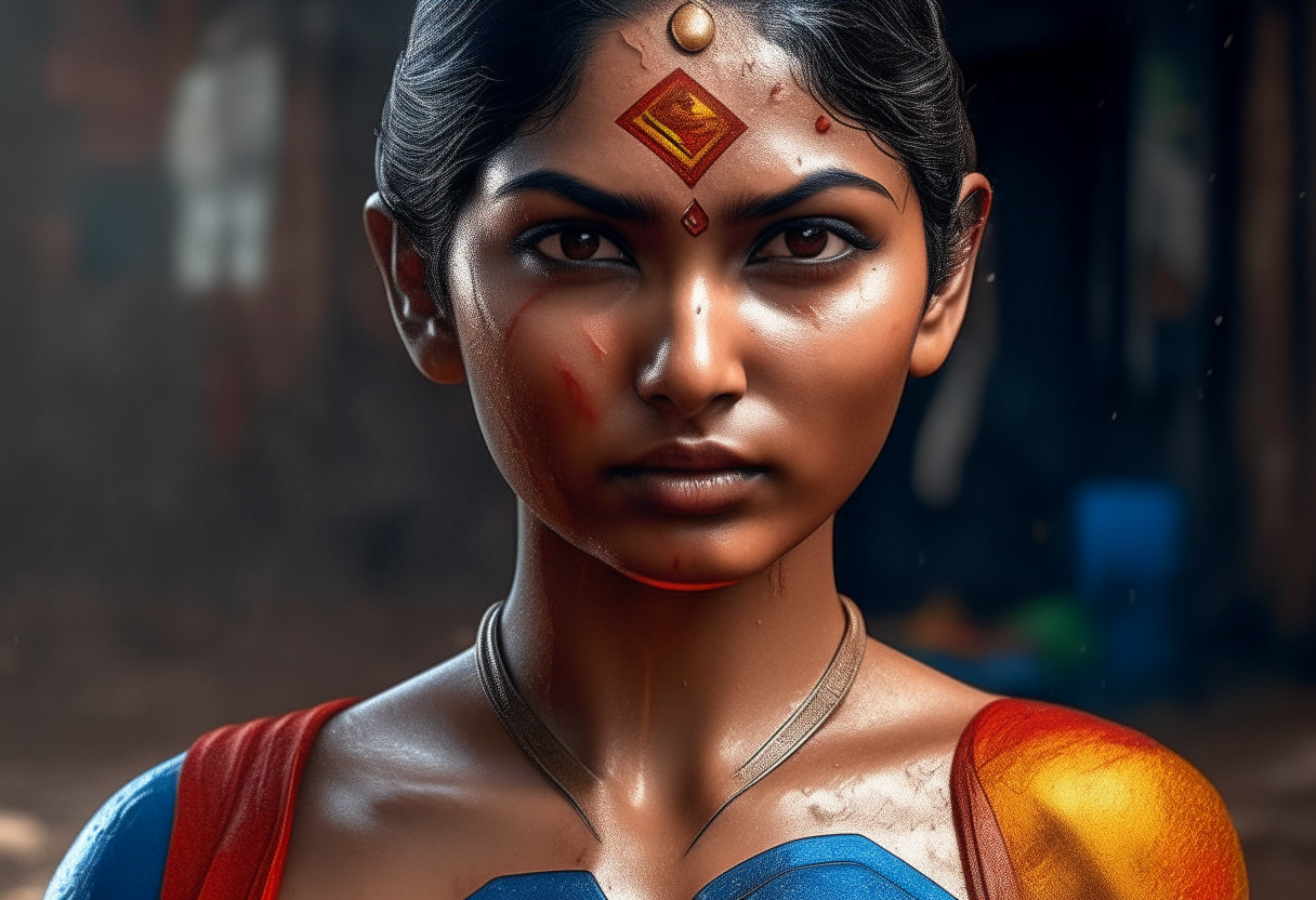 Supergirl from Bangladesh, extremely gorgeous, fantasy, feminine, fierce, full highly muscular extremely wet body, highly sweating wet skin, highly sweating face, Traditional costume, black eyeshadow spread around the eyes, shiny oiled skin, freckles, Human-skin, ultra realistic, 4k HDR, award winning photography, extremely detailed, extremely realistic skin, extremely realistic texture, Photo-realistic, cinematic, real life-like, HD-smooth Upscaled, Dynamic, full body figure