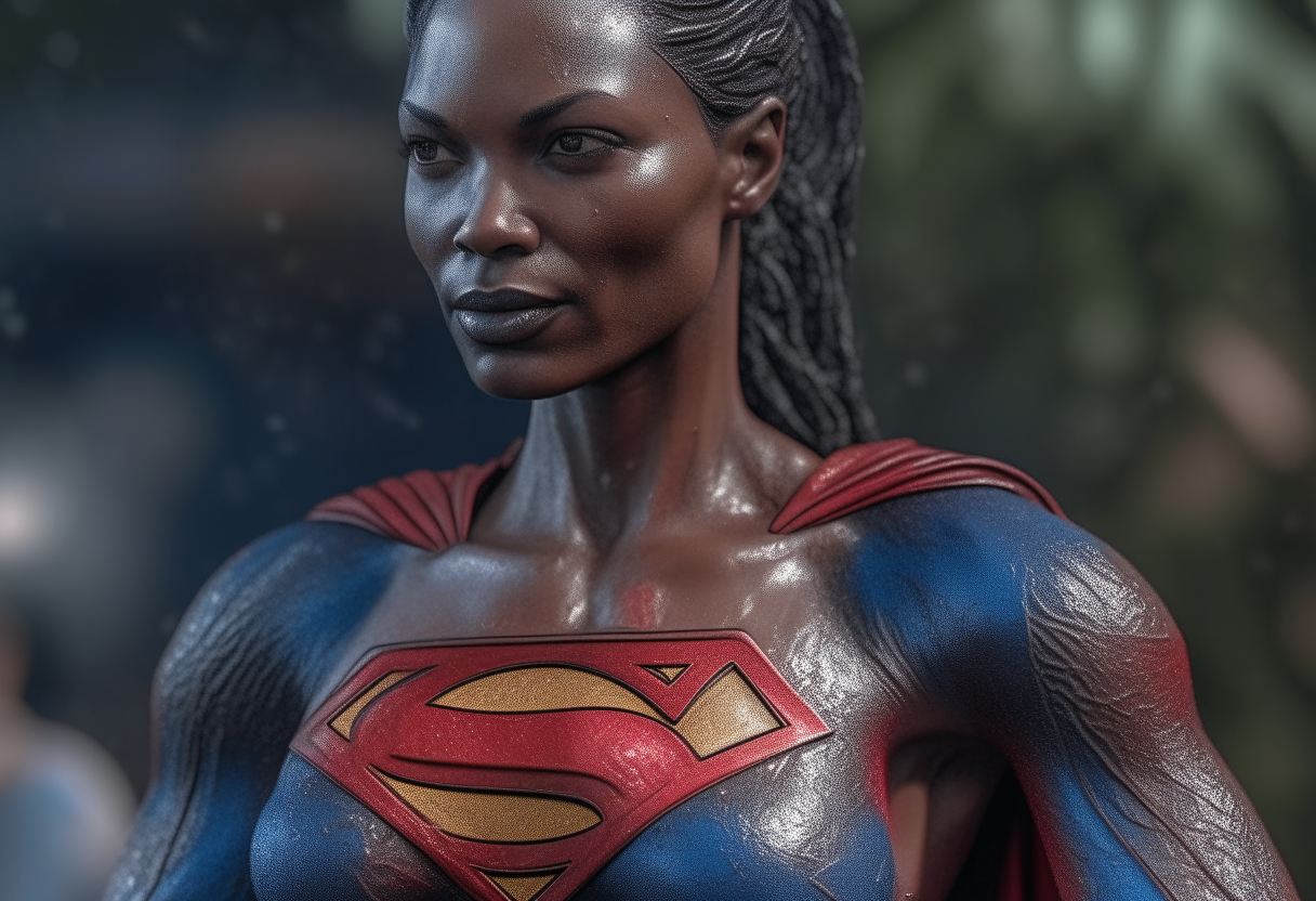 Supergirl from Jamaica, extremely gorgeous, full body, fantasy, feminine, fierce, full highly muscular extremely wet body, highly sweating wet skin, highly sweating face, Traditional costume, black eyeshadow spread around the eyes, shiny oiled skin, freckles, Human-skin, ultra realistic, 4k HDR, award winning photography, extremely detailed, extremely realistic skin, extremely realistic texture, Photo-realistic, cinematic, real life-like, HD-smooth Upscaled, Dynamic