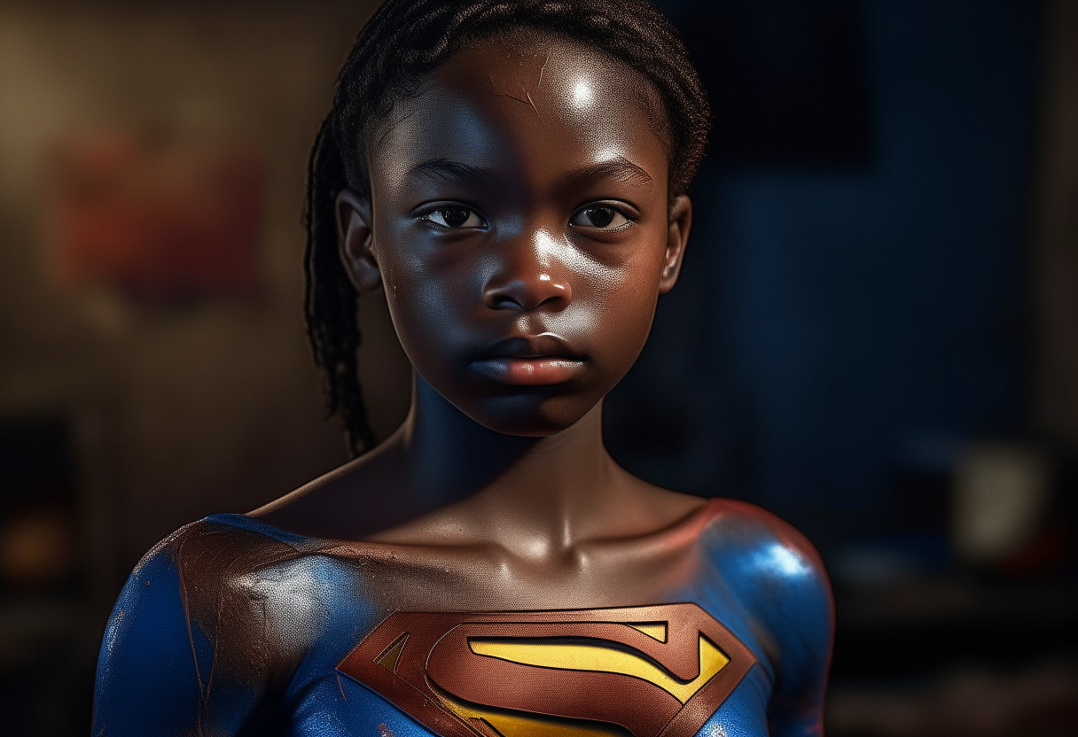 12 year old Supergirl from Jamaica, extremely gorgeous, full body, fantasy, feminine, fierce, full highly muscular extremely wet body, highly sweating wet skin, highly sweating face, Traditional costume, black eyeshadow spread around the eyes, shiny oiled skin, freckles, Human-skin, ultra realistic, 4k HDR, award winning photography, extremely detailed, extremely realistic skin, extremely realistic texture, Photo-realistic, cinematic, real life-like, HD-smooth Upscaled, Dynamic