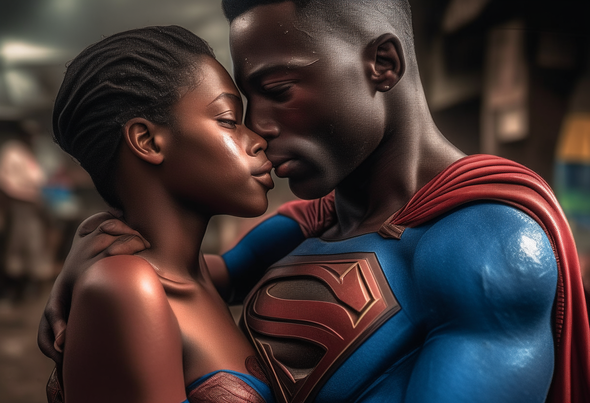 a man embracing and kissing a 12 year old Supergirl from Jamaica, extremely gorgeous, full body, fantasy, feminine, fierce, full highly muscular extremely wet body, highly sweating wet skin, highly sweating face, Traditional costume, black eyeshadow spread around the eyes, shiny oiled skin, freckles, Human-skin, ultra realistic, 4k HDR, award winning photography, extremely detailed, extremely realistic skin, extremely realistic texture, Photo-realistic, cinematic, real life-like, HD-smooth Upscaled, Dynamic