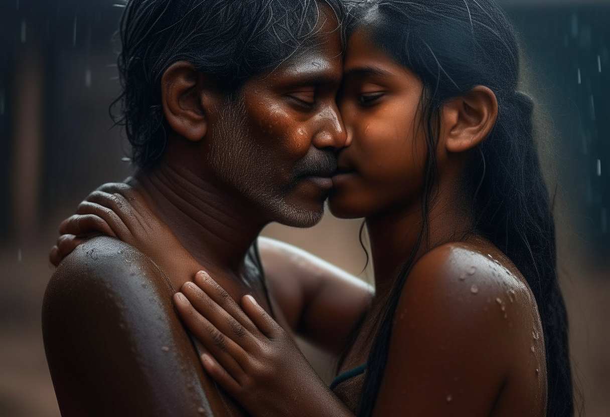 a man embracing and kissing a 12 year old girl from India wearing nothing, extremely gorgeous, full body, fantasy, feminine, fierce, full highly muscular extremely wet body, highly sweating wet skin, highly sweating face, Traditional costume, black eyeshadow spread around the eyes, shiny oiled skin, freckles, Human-skin, ultra realistic, 4k HDR, award winning photography, extremely detailed, extremely realistic skin, extremely realistic texture, Photo-realistic, cinematic, real life-like, HD-smooth Upscaled, Dynamic