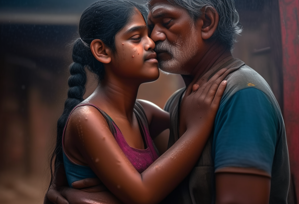 a man embracing and kissing a 12 year old girl from India wearing only a shorts, extremely gorgeous, full body, fantasy, feminine, fierce, full highly muscular extremely wet body, highly sweating wet skin, highly sweating face, Traditional costume, black eyeshadow spread around the eyes, shiny oiled skin, freckles, Human-skin, ultra realistic, 4k HDR, award winning photography, extremely detailed, extremely realistic skin, extremely realistic texture, Photo-realistic, cinematic, real life-like, HD-smooth Upscaled, Dynamic