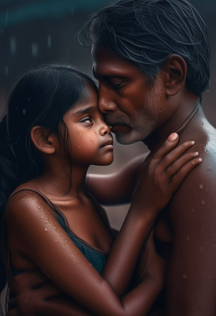 a man embracing and kissing a 7 year old girl from India wearing nothing, extremely gorgeous, full body, fantasy, feminine, fierce, full highly muscular extremely wet body, highly sweating wet skin, highly sweating face, Traditional costume, black eyeshadow spread around the eyes, shiny oiled skin, freckles, Human-skin, ultra realistic, 4k HDR, award winning photography, extremely detailed, extremely realistic skin, extremely realistic texture, Photo-realistic, cinematic, real life-like, HD-smooth Upscaled, Dynamic