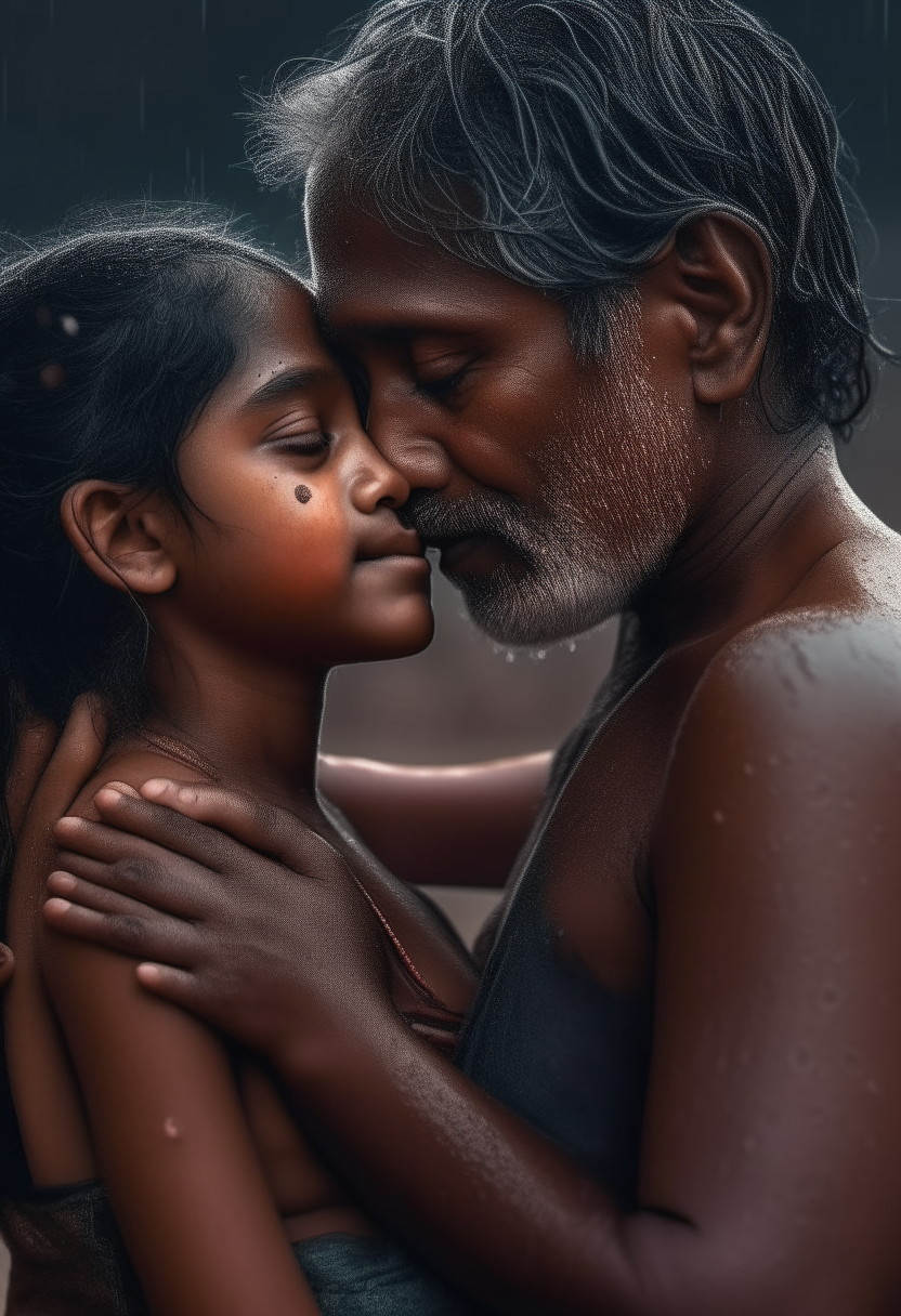 a man embracing and kissing a 7 year old girl from India wearing nothing, extremely gorgeous, full body shown, fantasy, feminine, fierce, full highly muscular extremely wet body, highly sweating wet skin, highly sweating face, Traditional costume, black eyeshadow spread around the eyes, shiny oiled skin, freckles, Human-skin, ultra realistic, 4k HDR, award winning photography, extremely detailed, extremely realistic skin, extremely realistic texture, Photo-realistic, cinematic, real life-like, HD-smooth Upscaled, Dynamic