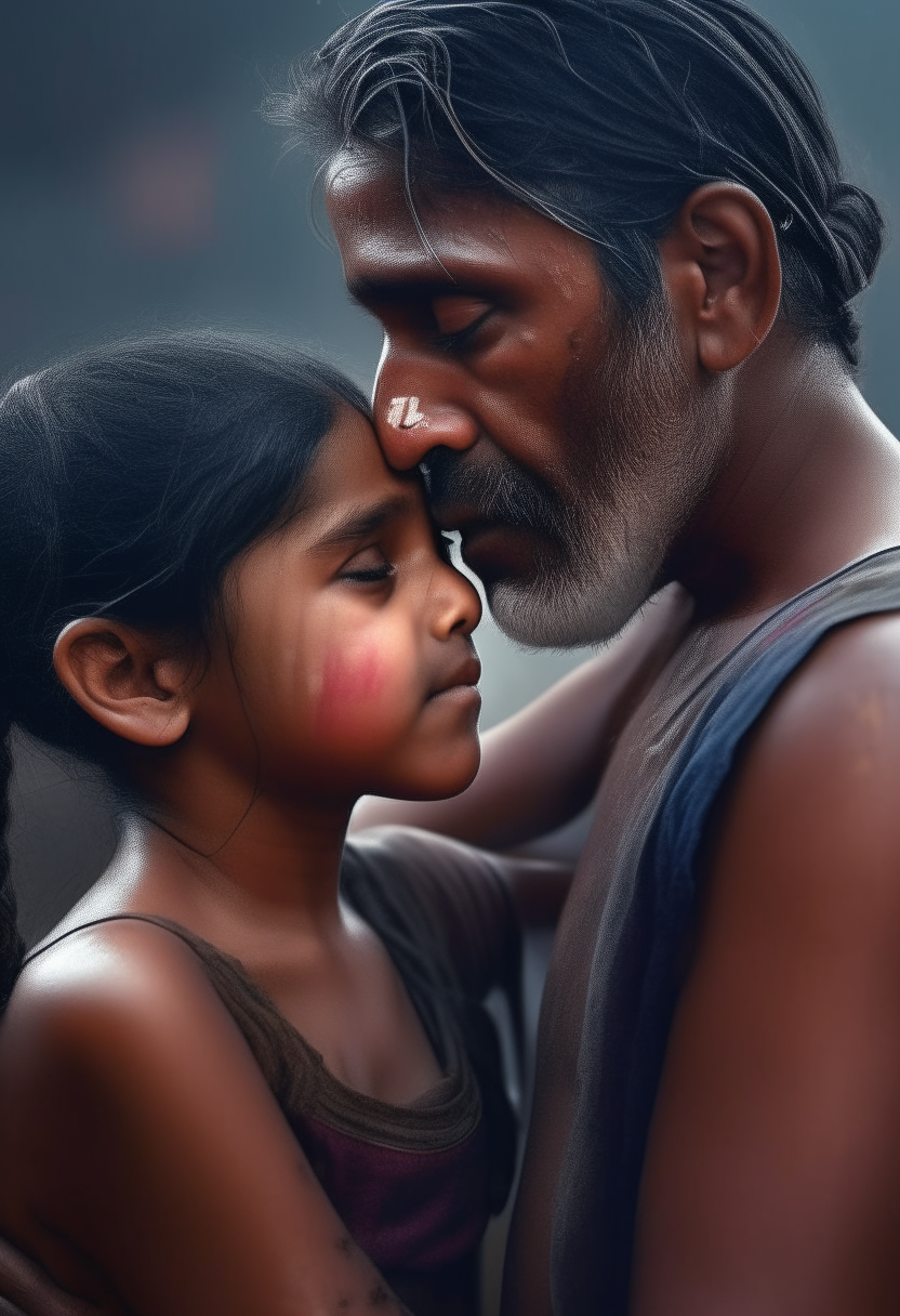 a man embracing and kissing the thigh of a 7 year old girl from India wearing nothing, extremely gorgeous, full body till legs, fantasy, feminine, fierce, full highly muscular extremely wet body, highly sweating wet skin, highly sweating face, Traditional costume, black eyeshadow spread around the eyes, shiny oiled skin, freckles, Human-skin, ultra realistic, 4k HDR, award winning photography, extremely detailed, extremely realistic skin, extremely realistic texture, Photo-realistic, cinematic, real life-like, HD-smooth Upscaled, Dynamic