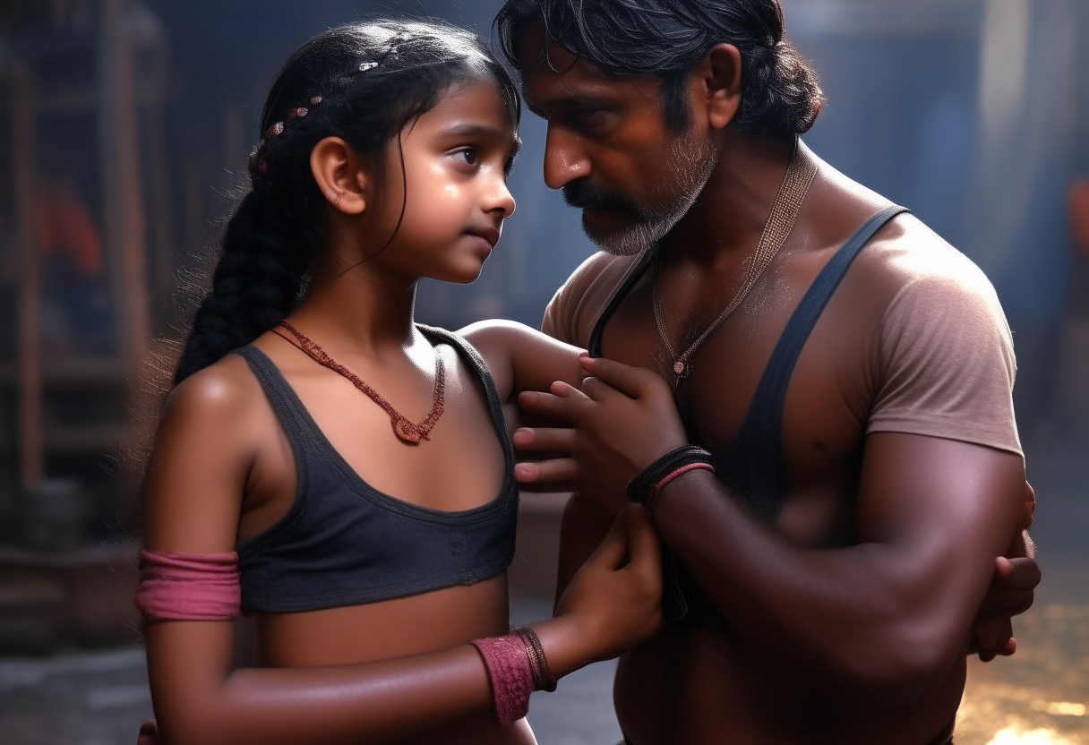 a man making love with a 7 year old girl from India wearing a sleeveless dress and shorts, extremely gorgeous, full body till legs, fantasy, feminine, fierce, full highly muscular extremely wet body, highly sweating wet skin, highly sweating face, Traditional costume, black eyeshadow spread around the eyes, shiny oiled skin, freckles, Human-skin, ultra realistic, 4k HDR, award winning photography, extremely detailed, extremely realistic skin, extremely realistic texture, Photo-realistic, cinematic, real life-like, HD-smooth Upscaled, Dynamic