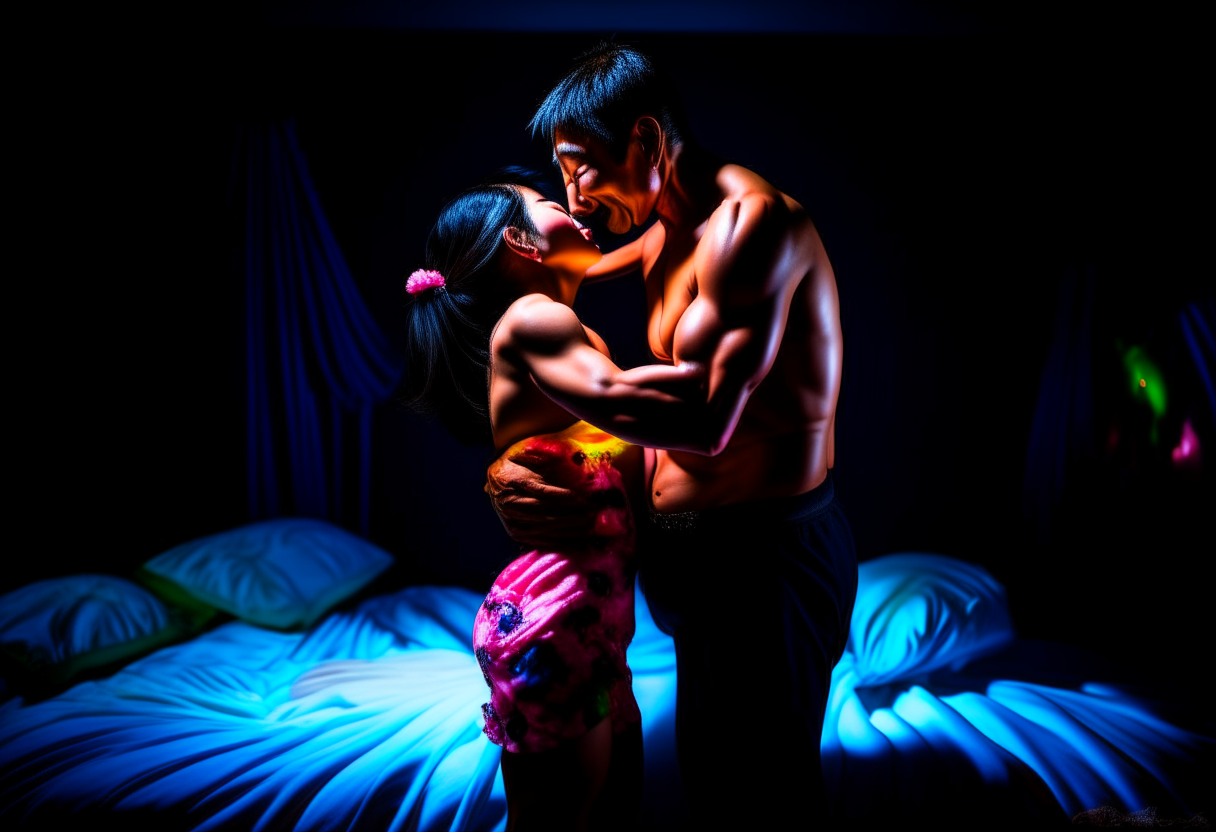 a man making love and kissing a 7 year old girl from Taiwan wearing a sleeveless dress and shorts, in bed, extremely gorgeous, full body till legs, fantasy, feminine, fierce, full highly muscular extremely wet body, highly sweating wet skin, highly sweating face, Traditional costume, black eyeshadow spread around the eyes, shiny oiled skin, freckles, Human-skin, ultra realistic, 4k HDR, award winning photography, extremely detailed, extremely realistic skin, extremely realistic texture, Photo-realistic, cinematic, real life-like, HD-smooth Upscaled, Dynamic