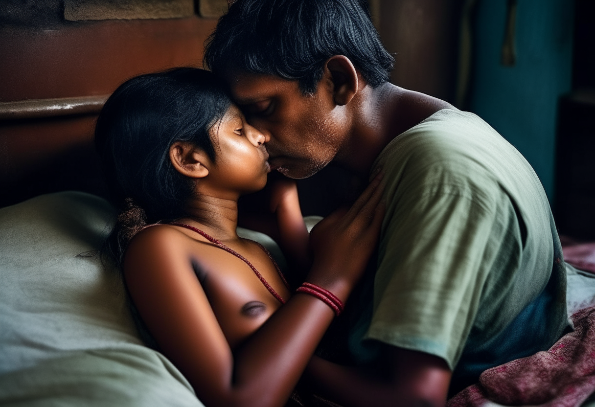 a man making love and kissing the neck of a 7 year old girl from Bangladesh wearing nothing, in bed, extremely gorgeous, full body till legs, fantasy, feminine, fierce, full highly muscular extremely wet body, highly sweating wet skin, highly sweating face, Traditional costume, black eyeshadow spread around the eyes, shiny oiled skin, freckles, Human-skin, ultra realistic, 4k HDR, award winning photography, extremely detailed, extremely realistic skin, extremely realistic texture, Photo-realistic, cinematic, real life-like, HD-smooth Upscaled, Dynamic