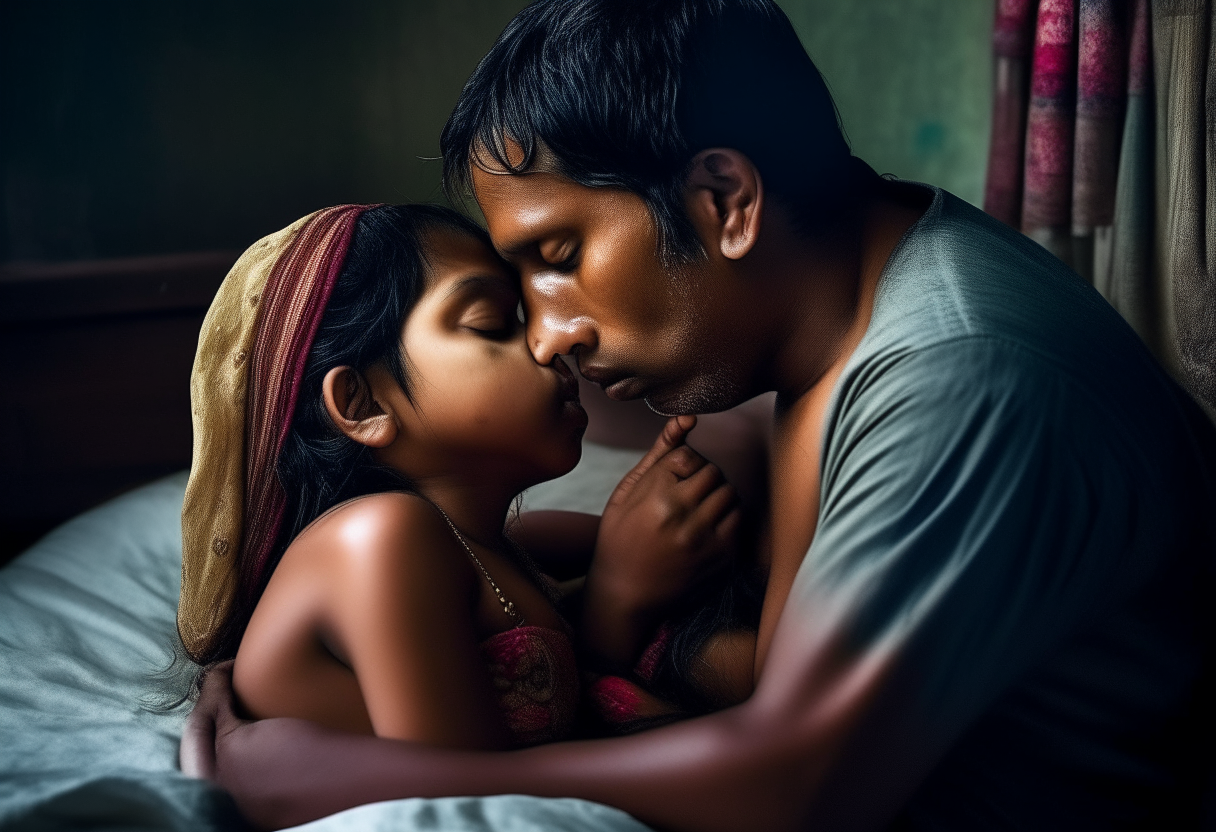 a man making love and kissing the neck of a 7 year old girl from Bangladesh wearing nothing, in bed, extremely gorgeous, full body till legs, fantasy, feminine, fierce, full highly muscular extremely wet body, highly sweating wet skin, highly sweating face, Traditional costume, black eyeshadow spread around the eyes, shiny oiled skin, freckles, Human-skin, ultra realistic, 4k HDR, award winning photography, extremely detailed, extremely realistic skin, extremely realistic texture, Photo-realistic, cinematic, real life-like, HD-smooth Upscaled, Dynamic