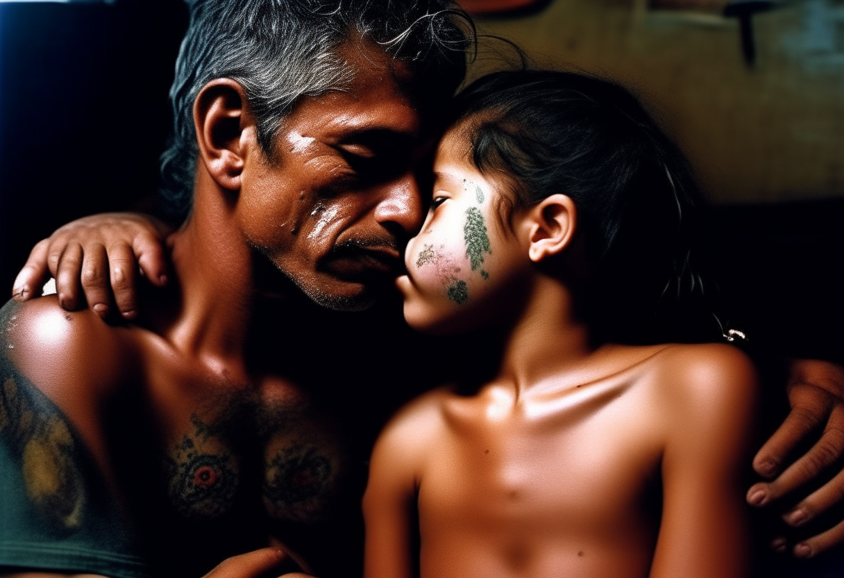 a man embracing the stomach and kissing the neck of a 7 year old girl from Brazil wearing nothing, in bed, extremely gorgeous, full body must be shown, fantasy, feminine, fierce, full highly muscular extremely wet body, highly sweating wet skin, highly sweating face, Traditional costume, black eyeshadow spread around the eyes, shiny oiled skin, freckles, Human-skin, ultra realistic, 4k HDR, award winning photography, extremely detailed, extremely realistic skin, extremely realistic texture, Photo-realistic, cinematic, real life-like, HD-smooth Upscaled, Dynamic