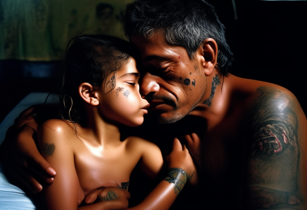 a man embracing the stomach and kissing the neck of a 7 year old girl from Brazil wearing nothing, in bed, extremely gorgeous, full body till legs must be shown, fantasy, feminine, fierce, full highly muscular extremely wet body, highly sweating wet skin, highly sweating face, Traditional costume, black eyeshadow spread around the eyes, shiny oiled skin, freckles, Human-skin, ultra realistic, 4k HDR, award winning photography, extremely detailed, extremely realistic skin, extremely realistic texture, Photo-realistic, cinematic, real life-like, HD-smooth Upscaled, Dynamic