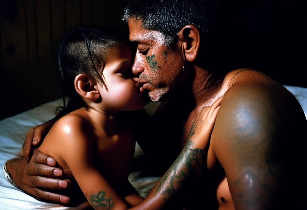 a man embracing the stomach and kissing the neck of a 7 year old girl from Brazil wearing nothing, in bed, extremely gorgeous, full body till legs must be shown, fantasy, feminine, fierce, full highly muscular extremely wet body, highly sweating wet skin, highly sweating face, Traditional costume, black eyeshadow spread around the eyes, shiny oiled skin, freckles, Human-skin, ultra realistic, 4k HDR, award winning photography, extremely detailed, extremely realistic skin, extremely realistic texture, Photo-realistic, cinematic, real life-like, HD-smooth Upscaled, Dynamic