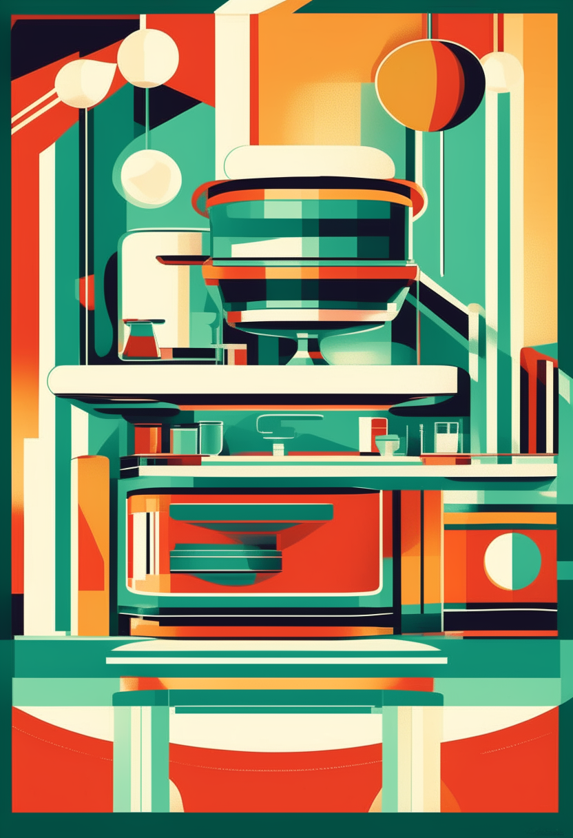 an art deco style poster with bold shapes, chrome accents and bright colors representing a 1950s diner kitchen 8.5 x 11 inches 300 dpi