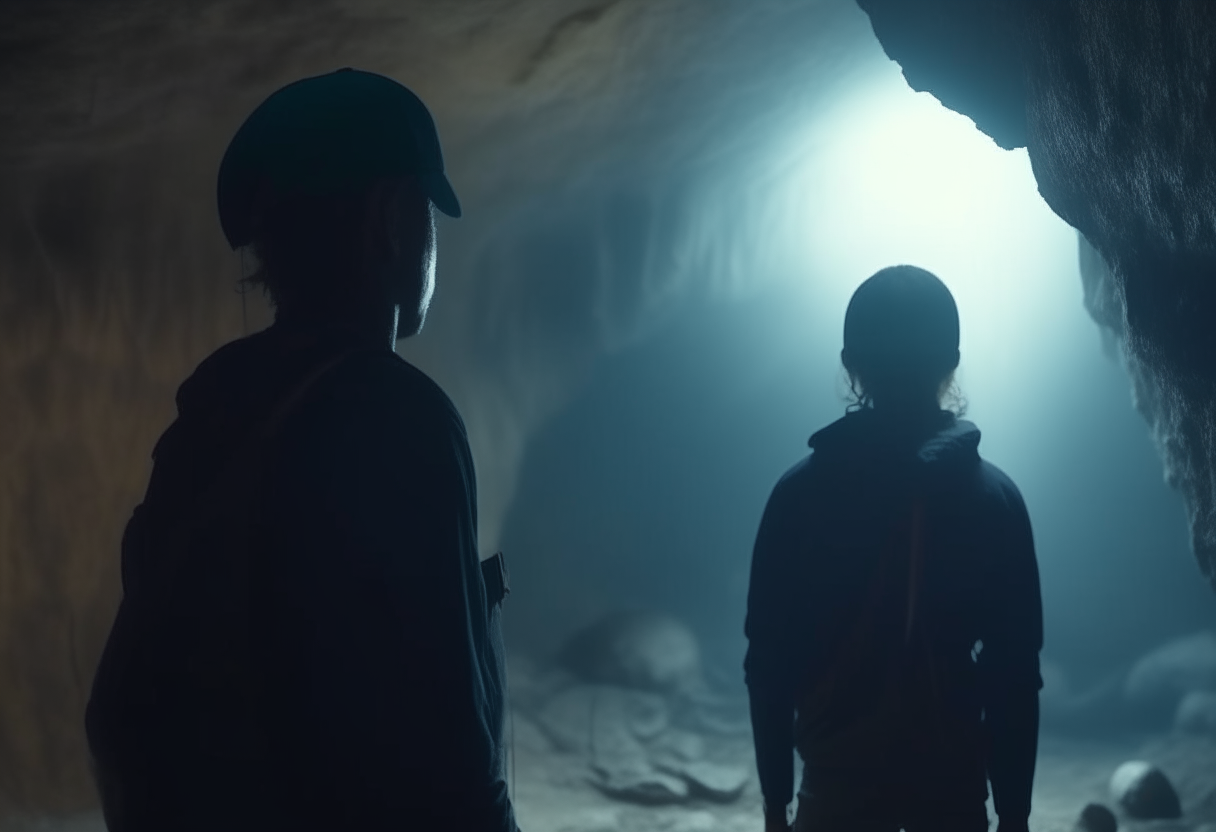 back view,liam and maya searching for the enigma in the cave, 4k,cinematique,ultra realiste