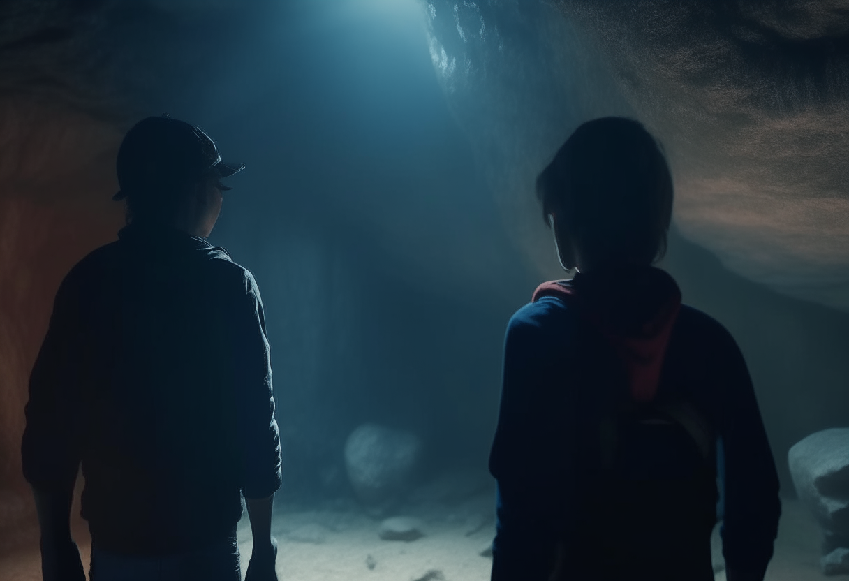 back view,liam and maya searching for the enigma in the cave, 4k,cinematique,ultra realiste