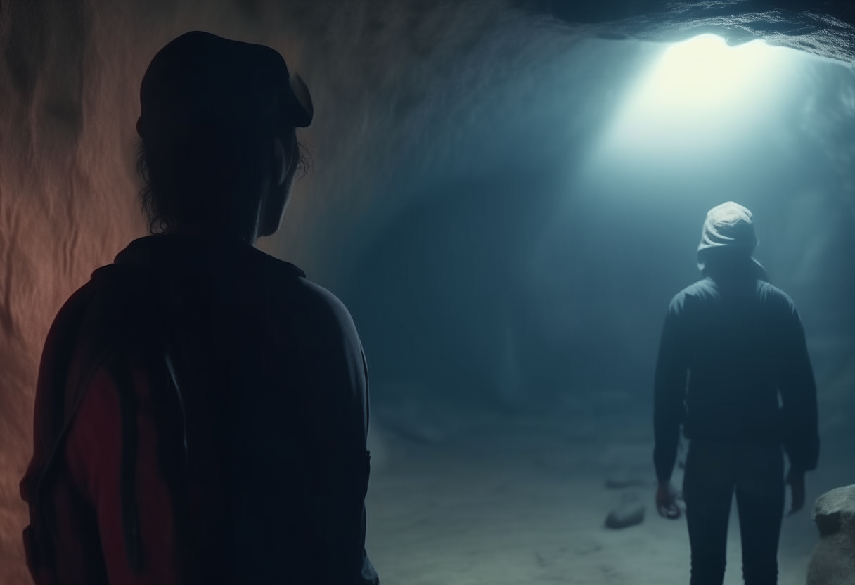 back view,liam and maya searching for the enigma in the cave, 4k,cinematique,ultra realiste