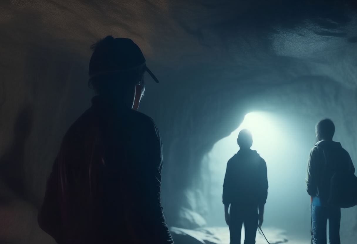 back view,liam and maya searching for the enigma in the cave, 4k,cinematique,ultra realiste