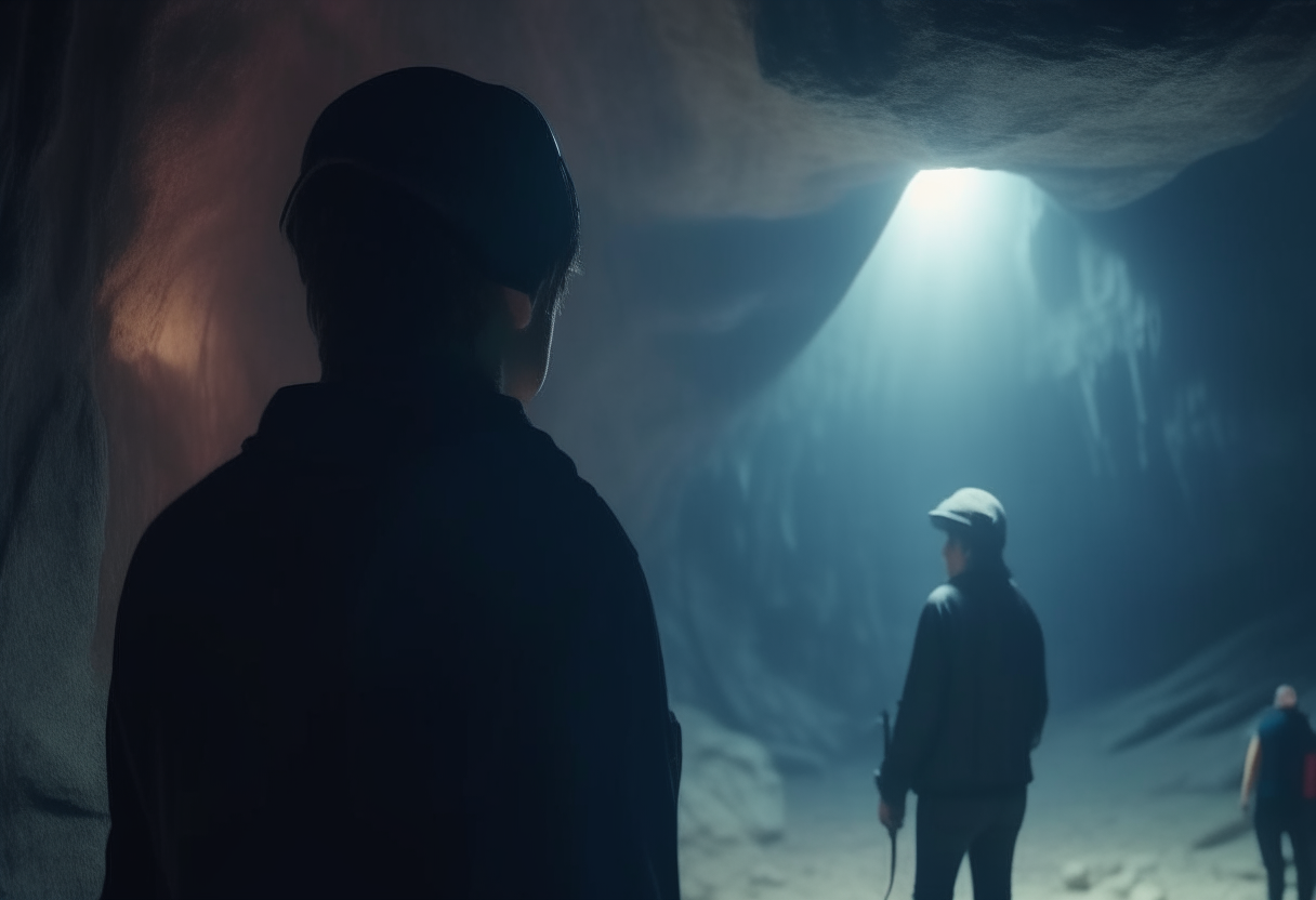 back view,liam and maya searching for the enigma in the cave, 4k,cinematique,ultra realiste