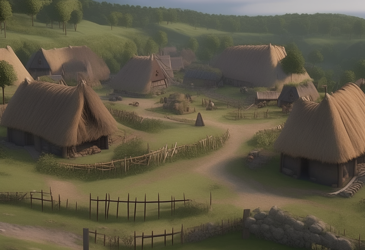 A photorealistic village scene from Gaul in the 1st century BC, with thatched-roof roundhouses, a central meeting area, farms and fields, all surrounded by forests and hills, inspired by the comic books Asterix. 4K resolution.