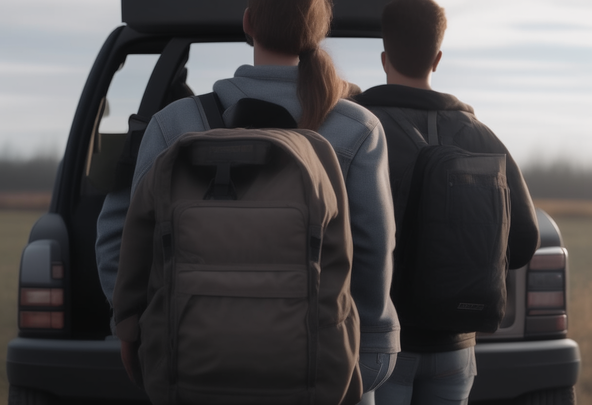 back view, liam and maya get into their pickup truck with their 4k ultra-realistic cinematic backpack.