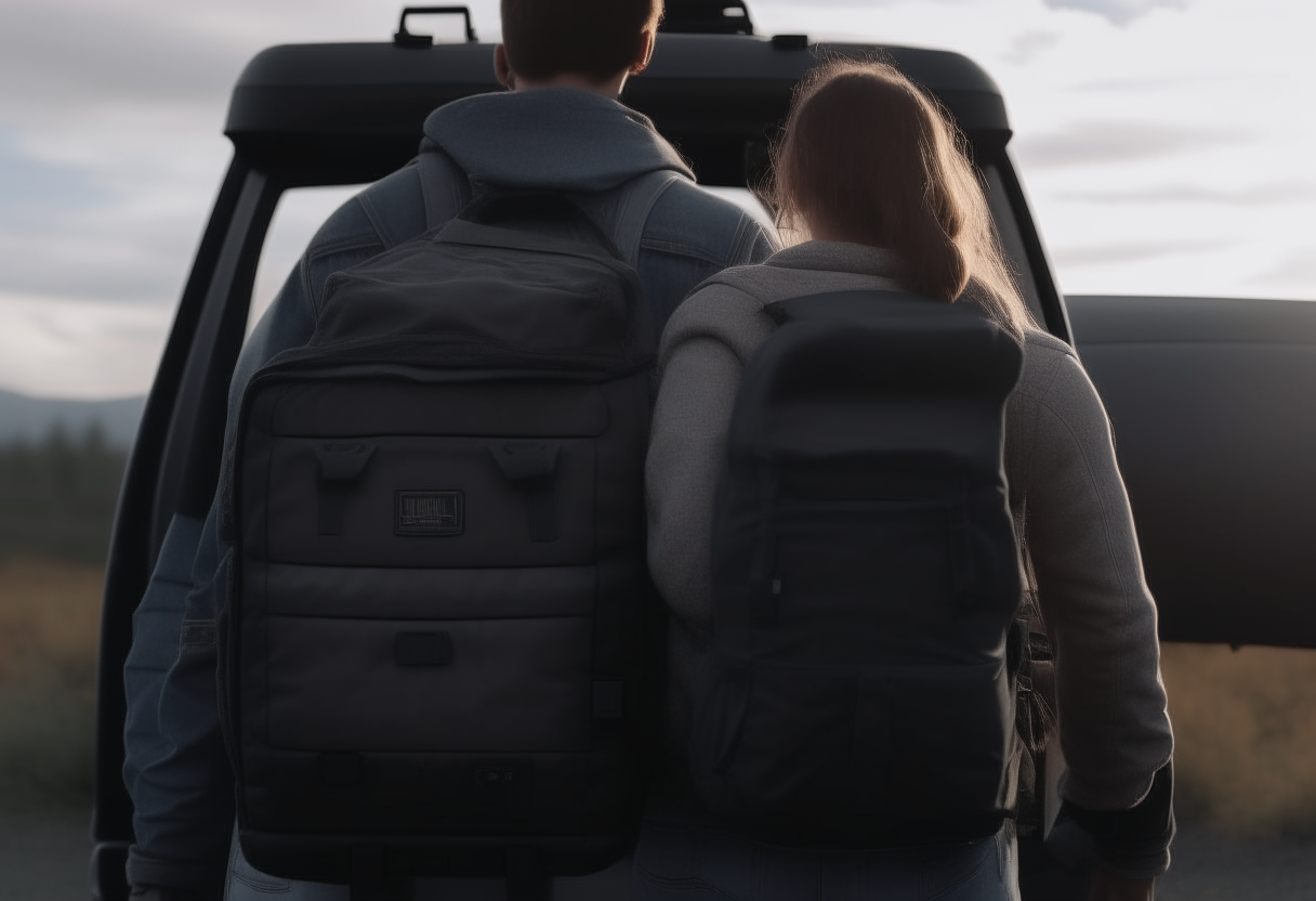 back view, liam and maya get into their pickup truck with their 4k ultra-realistic cinematic backpack.