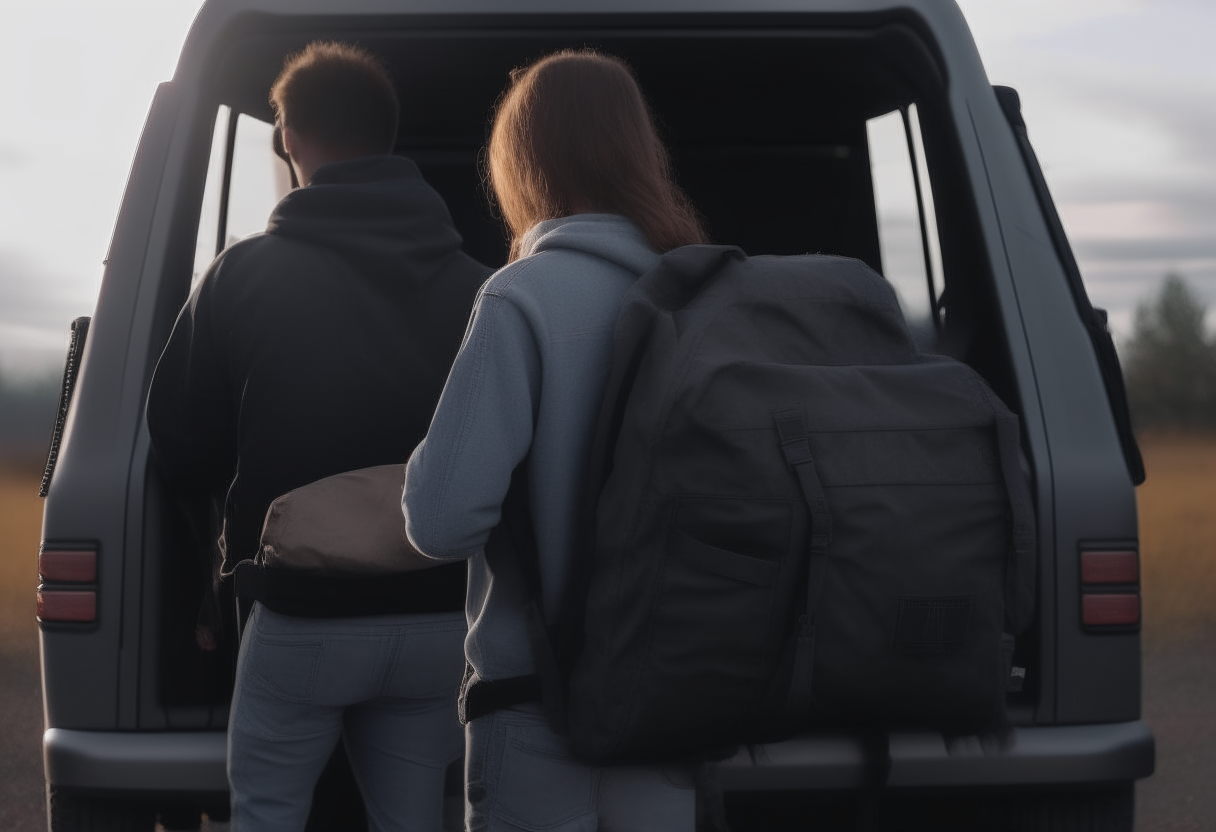 back view, liam and maya get into their pickup truck with their 4k ultra-realistic cinematic backpack.