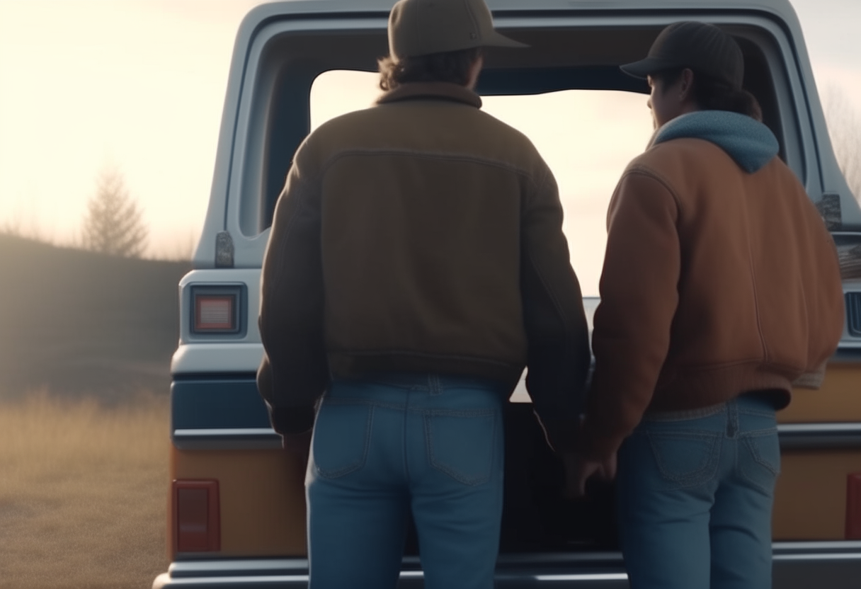 back view of liam and maya getting into their pickup truck to take their backpack to the mountains 4k ultra-realistic cinematography