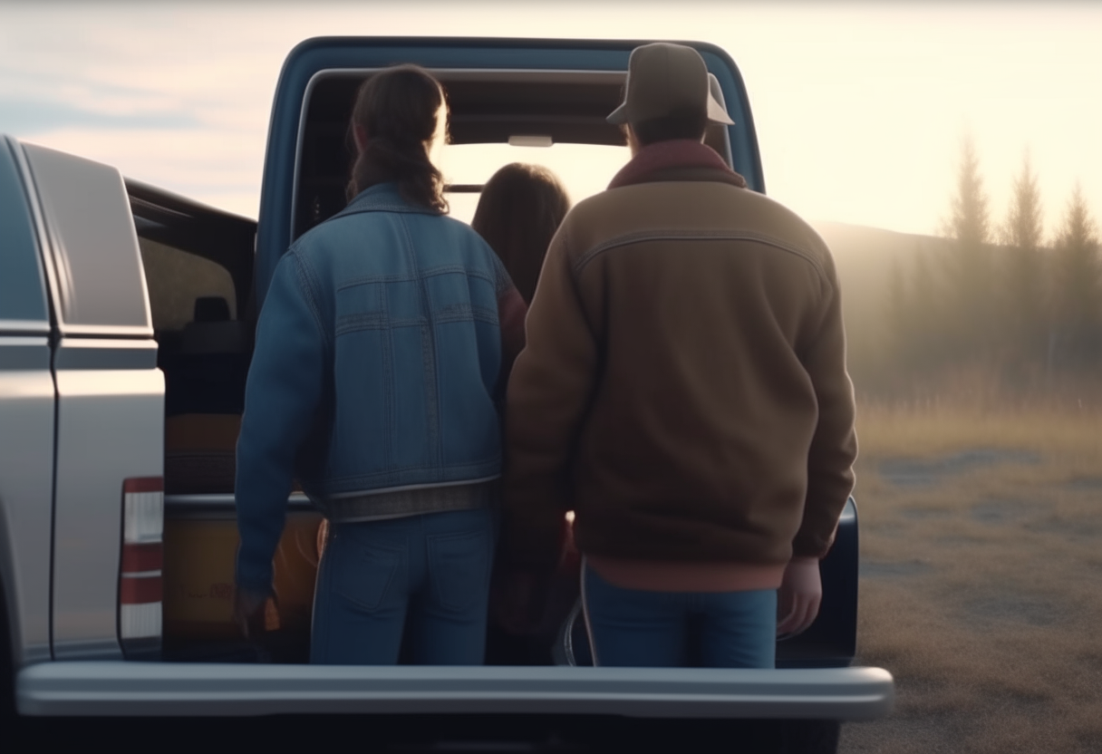 back view of liam and maya getting into their pickup truck to take their backpack to the mountains 4k ultra-realistic cinematography