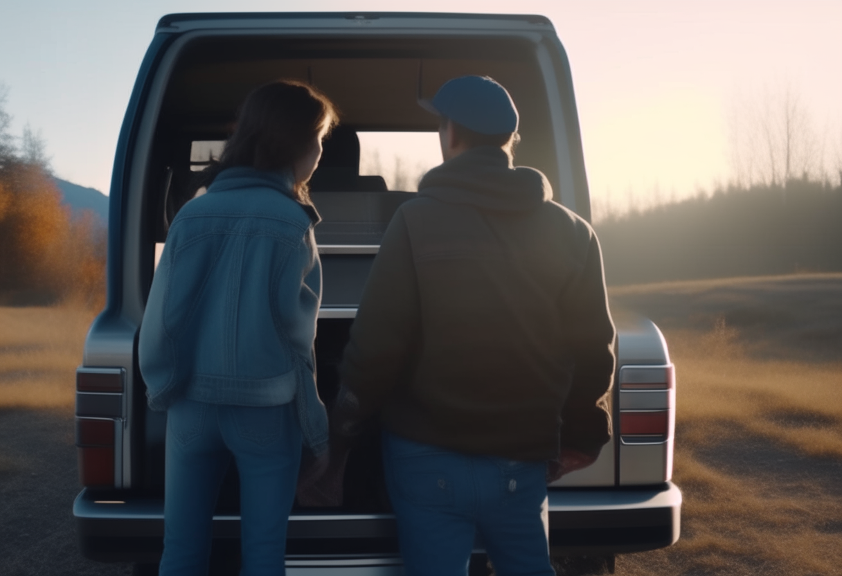 back view of liam and maya getting into their pickup truck to take their backpack to the mountains 8k ultra-realistic cinematography format16:9