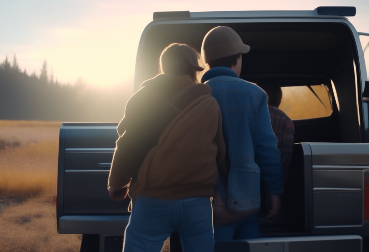 back view of liam and maya getting into their pickup truck to take their backpack to the mountains 8k ultra-realistic cinematography format16:9