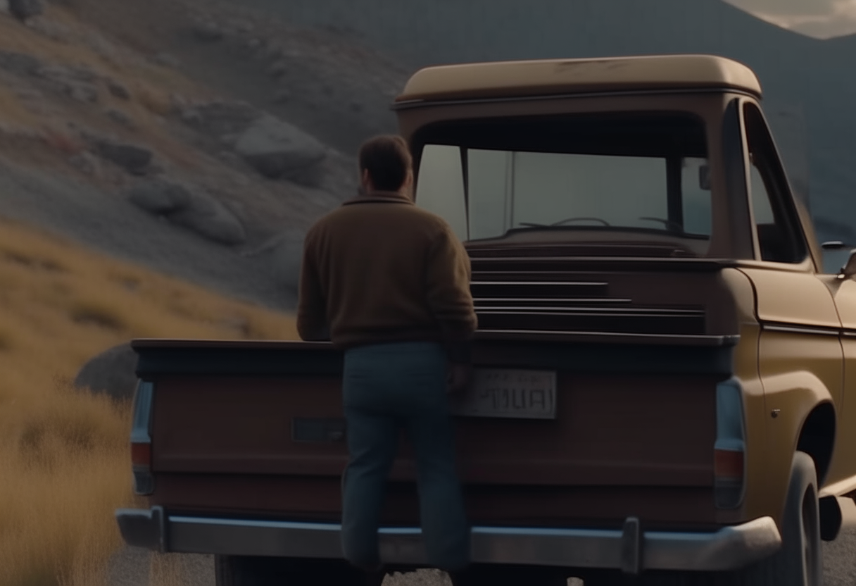 back view, liam and maya in their 60's pickup arrive at the foot of the steep mountain 4k cinematique ultrarealistic format16:9