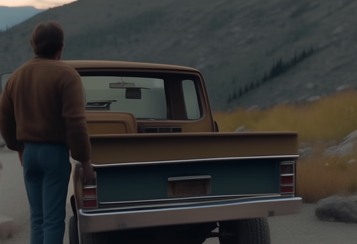 back view, liam and maya in their 60's pickup arrive at the foot of the steep mountain 4k cinematique ultrarealistic format16:9