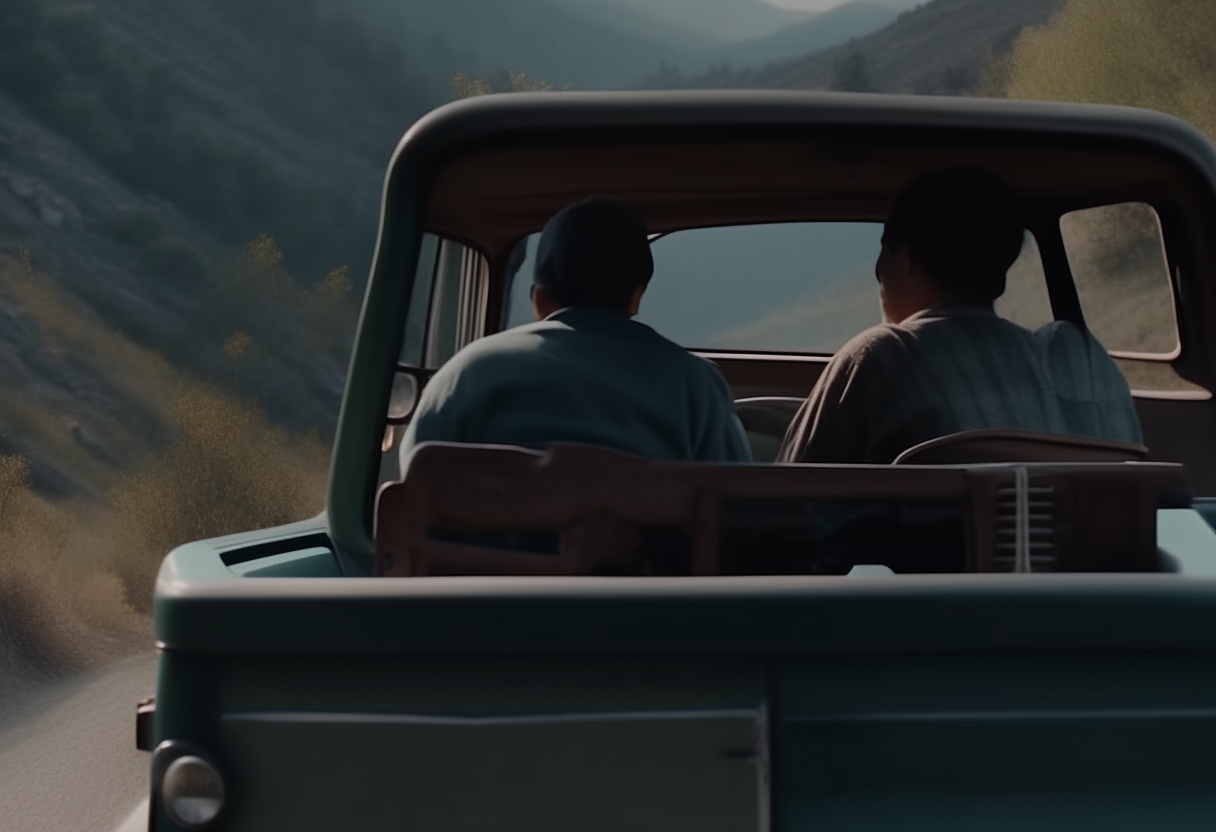 back view, liam and maya in their 60's pickup truck on a steep mountain road 4k ultra-realistic cinematography format16:9