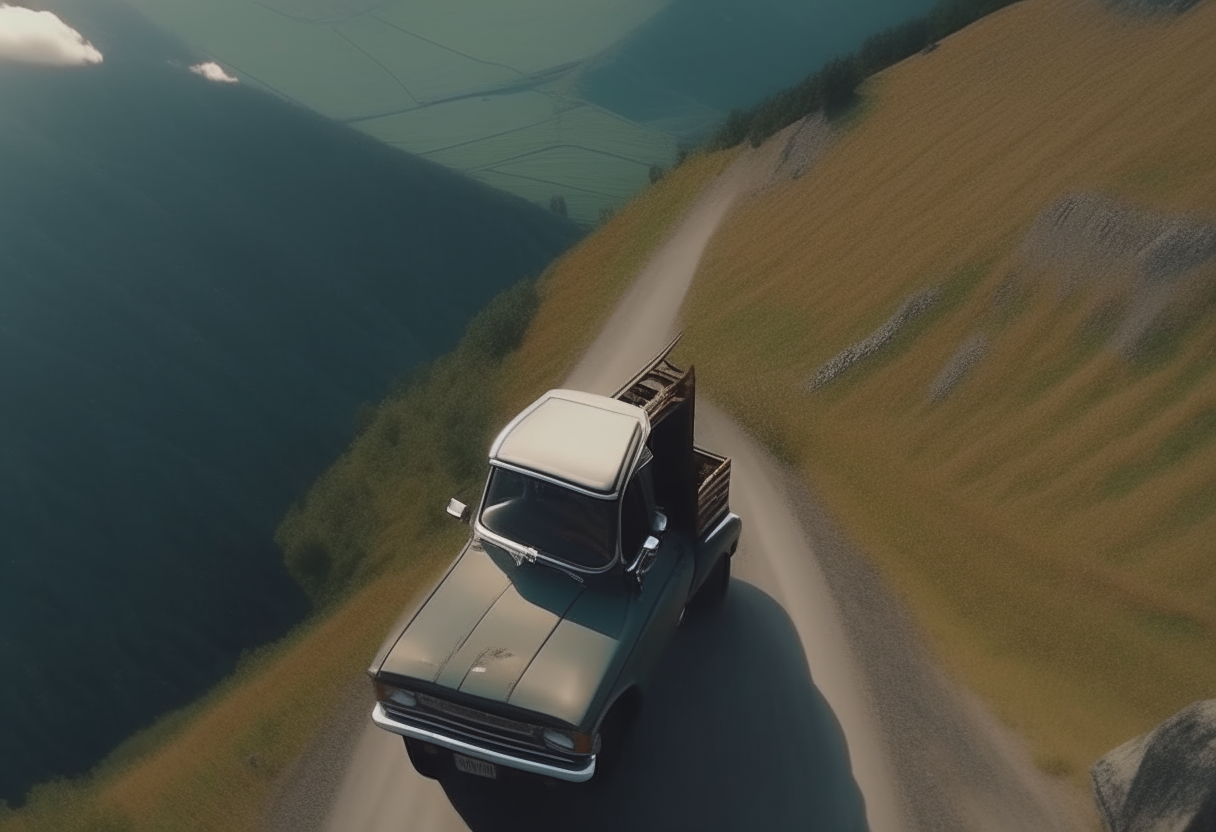 view from the sky, liam and maya in their 60's pickup on a steep mountain road 4k ultra-realistic cinematography 4k ultra-realistic cinematography format16:9