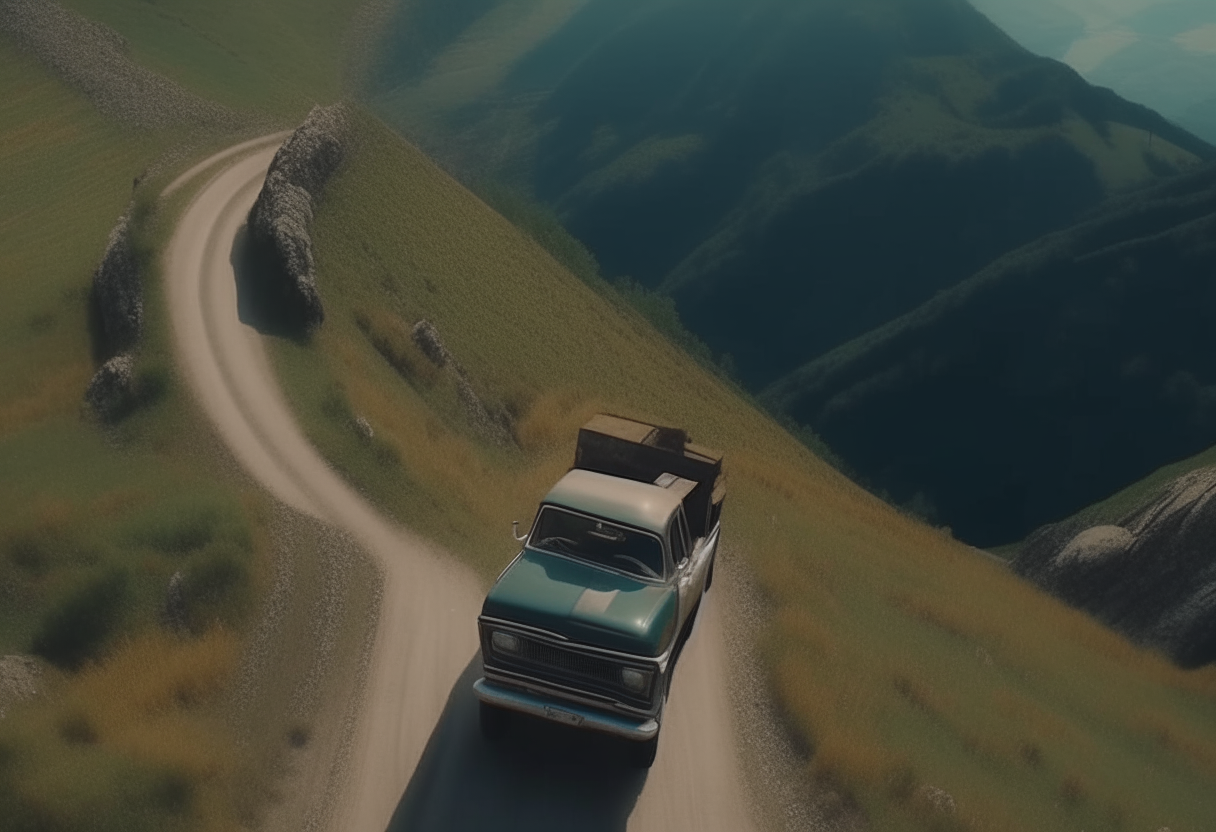 view from the sky, liam and maya in their 60's pickup on a steep mountain road 4k ultra-realistic cinematography 4k ultra-realistic cinematography format16:9