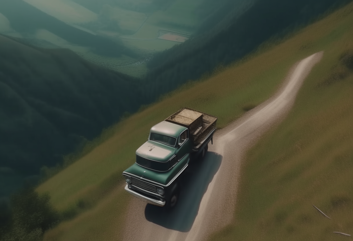 view from the sky, liam and maya in their 60's pickup on a steep mountain road 4k ultra-realistic cinematography 4k ultra-realistic cinematography format16:9