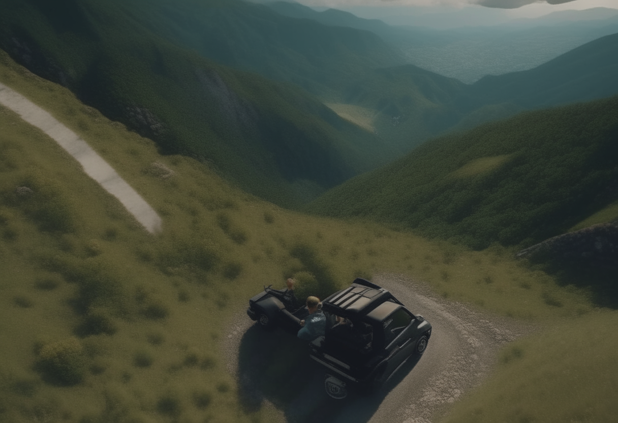 view from the sky, liam and maya in their jeep on a steep mountain road 4k ultra-realistic cinematography 4k ultra-realistic cinematography format16:9