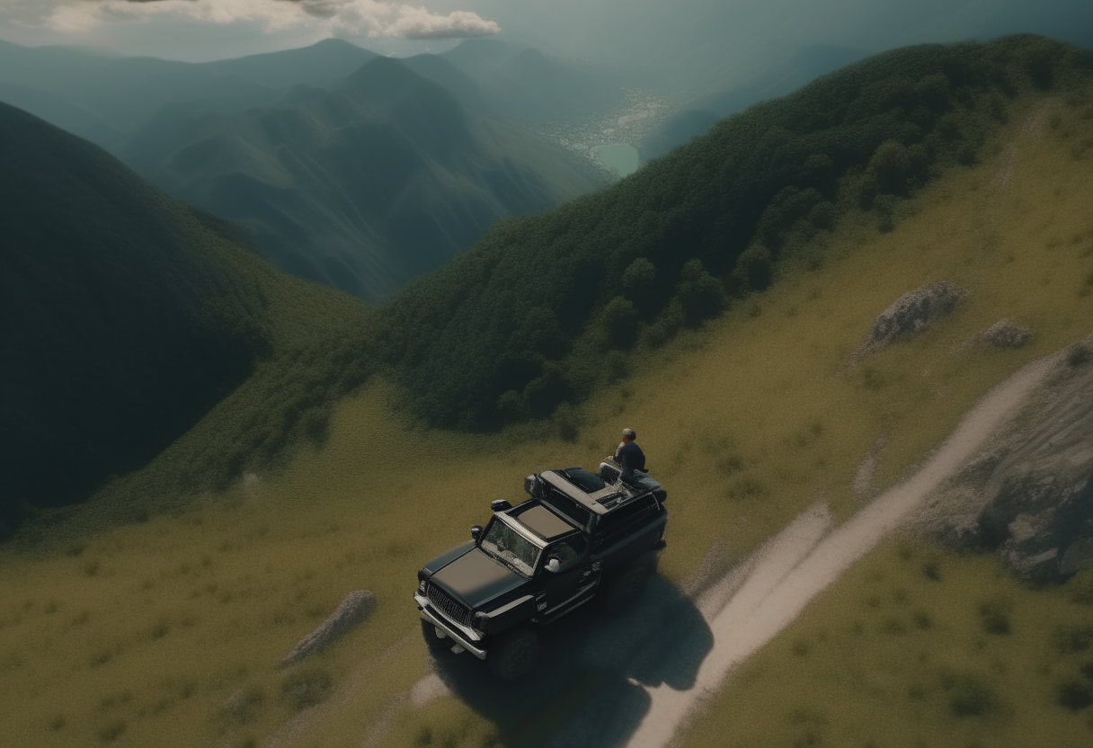 view from the sky, liam and maya in their jeep on a steep mountain road 4k ultra-realistic cinematography 4k ultra-realistic cinematography format16:9