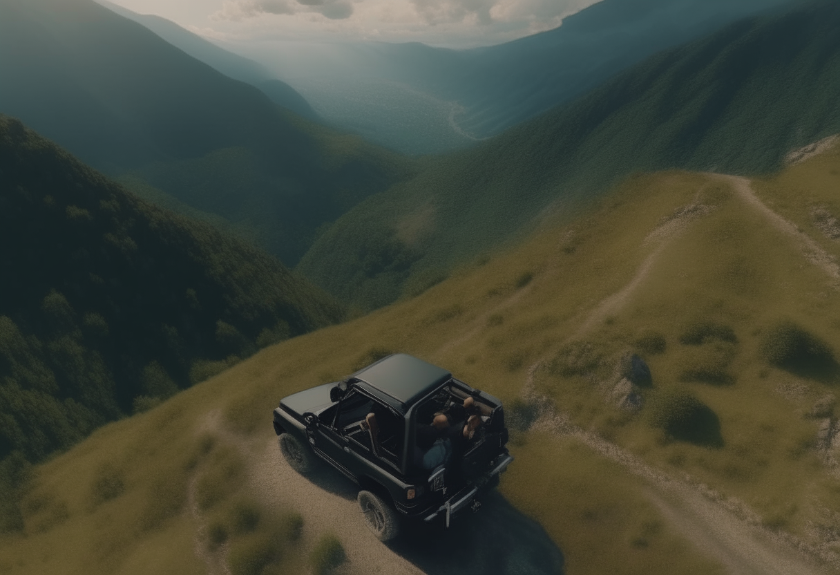 view from the sky, liam and maya in their jeep on a steep mountain road 4k ultra-realistic cinematography 4k ultra-realistic cinematography format16:9