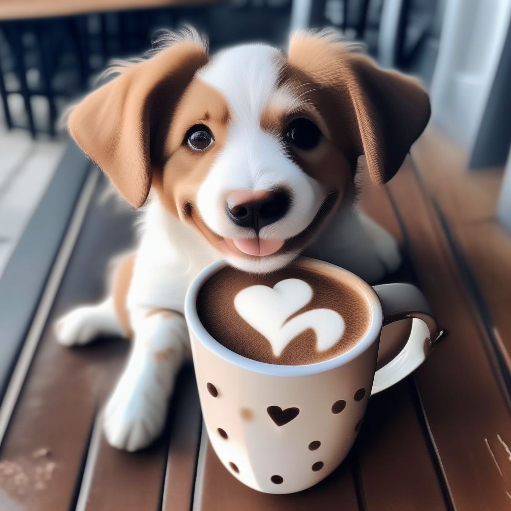 a happy puppy drinking a latte with heart-shaped foam art